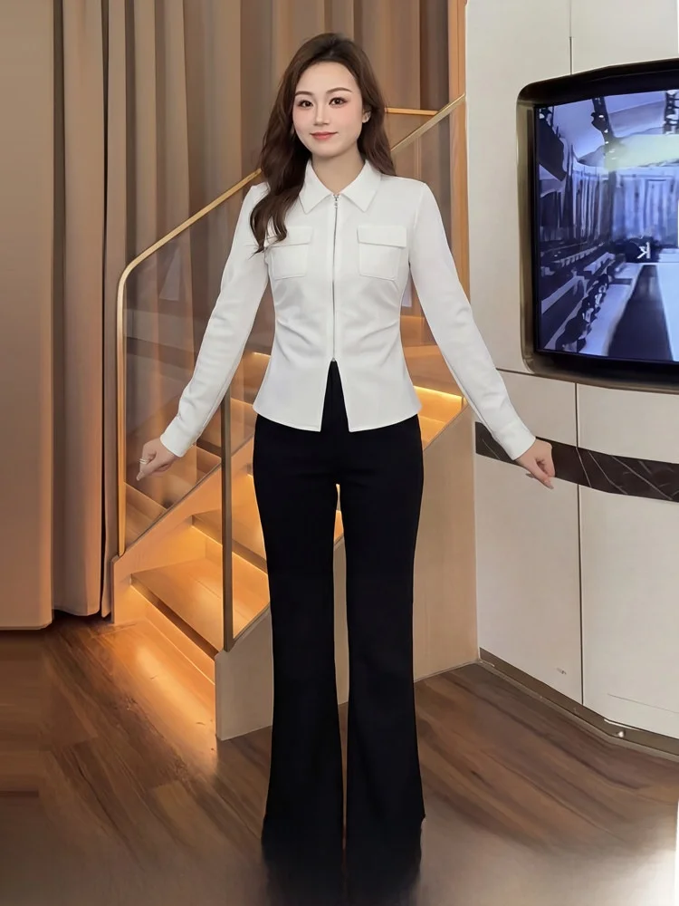 

plus Size Women's Spring Fashion Shirt Jacket Double Zipper Denim Pants Set High Waist Long Sleeve Collar Commute Style