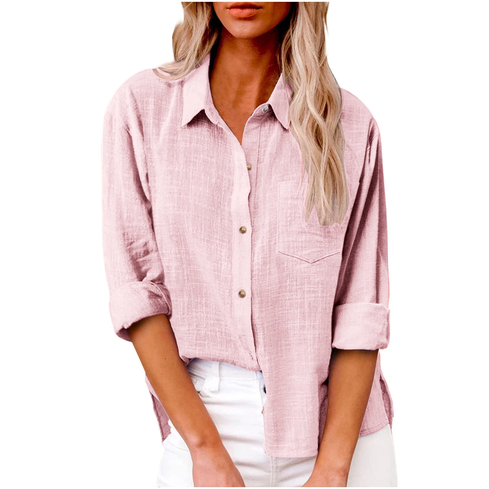 Women Lapel 100% Cotton Casual Blouse Button Up Long Sleeve Single Pocket Loose Solid Color Commuter Shirt Top For Ladies Shirts