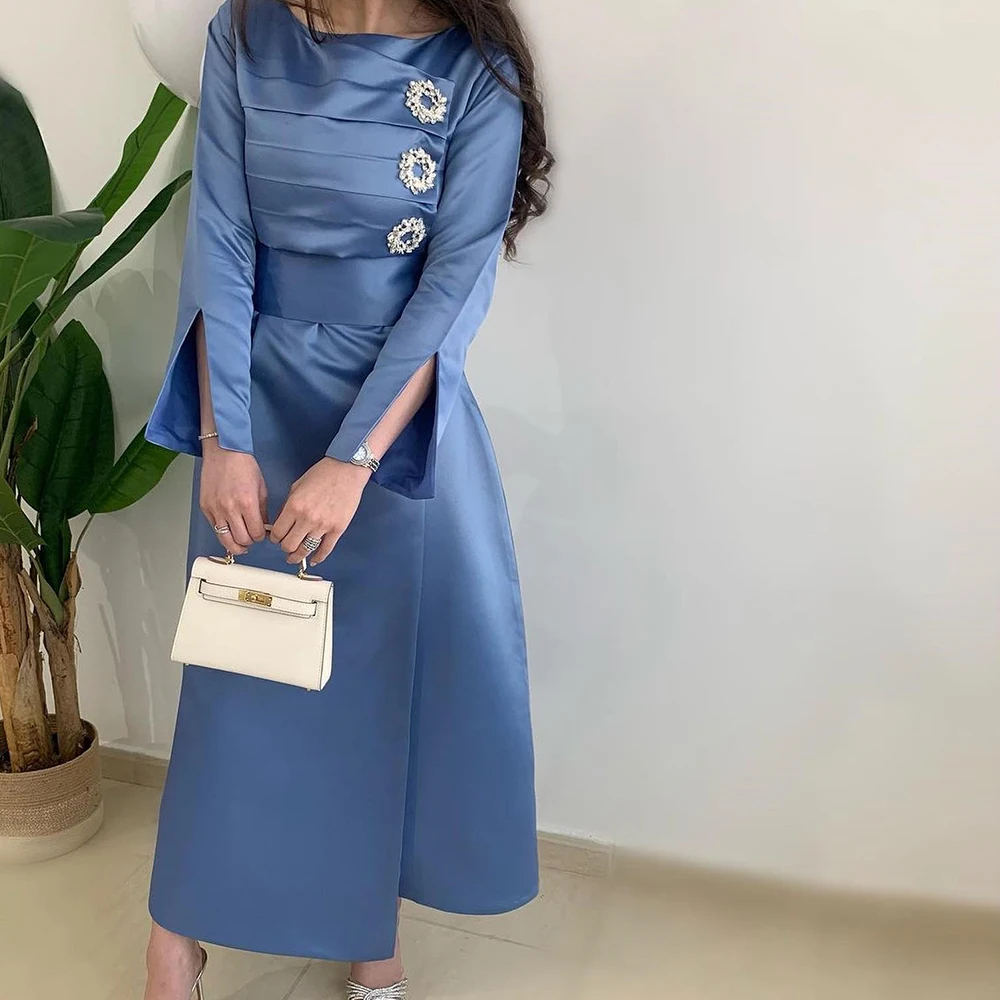 

Formal Pleats Belt Crystal Ankle Length Evening Dresses Elegant A-Line Satin Long Sleeves Blue Party Gowns vestidos de fiesta