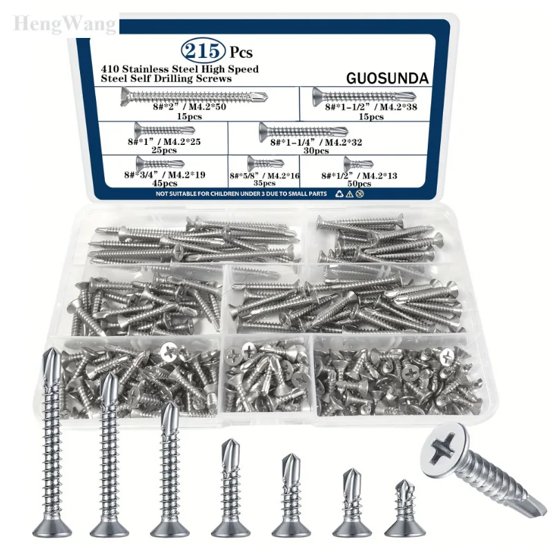 215PCS 410 Stainless Steel Self Drilling Screw Assortment Kit M4.2 Flat Head Self Tapping Screw for Aluminum Sheet Metal Roofing