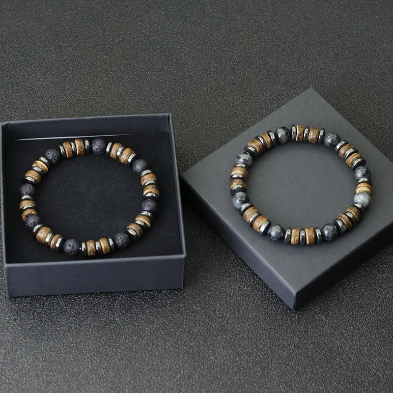 New Vintage Men Bracelet Stone Natural Wooden Braclet Homme Hematite Tiger Eyes Braslet Coconut Bead Brazalete Pulsera Hombre
