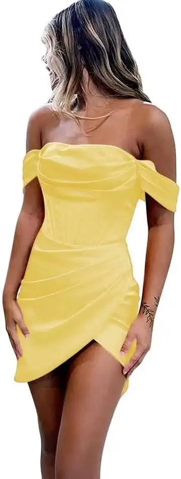 

Атласное короткое платье для выпускного вечера 2024, облегающее платье для выпускного вечера с открытыми плечами для юниоров, выпускное платье русалки с рюшами, коктейльные платья