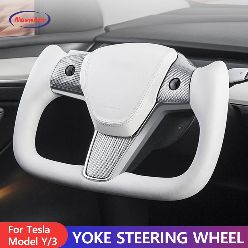 

NovaAcc White Yoke Steering Wheel for Tesla Model Y 2017-2024 Model 3 2021-2023 Nappa Carbon Fiber With Heating Car Accessories