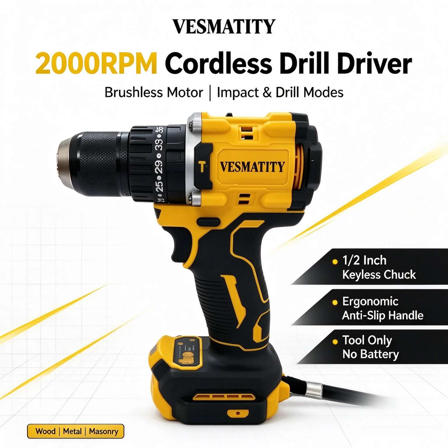 DCD800 2000RPM Cordless Impact Drill,1/2 Inch Brushless Electric Screwdriver Lithium Power Tool Fit 20V Battery, No Battery