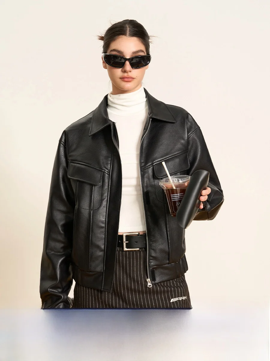 

Ariseism American Sle Retro ort Leather Jaet Women's 2025 Autumn New Small Size Motorcycle Leather Jaet