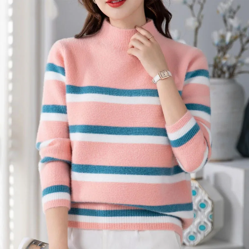 

Autumn and Winter Fashion Trend Imitation Mink Fleece Stripe Half High Neck Loose Versatile Western Style Slim Women's Sweater