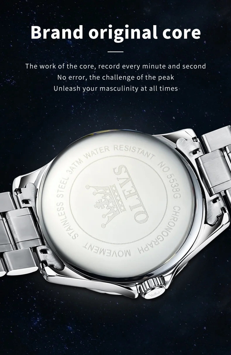 ساعة يد كوارتز أصلية للرجال ، كرونوغراف ، مقاومة للماء ، فولاذ مقاوم للصدأ ، طور القمر ، شاشة عرض 24 ساعة ، مضيئة