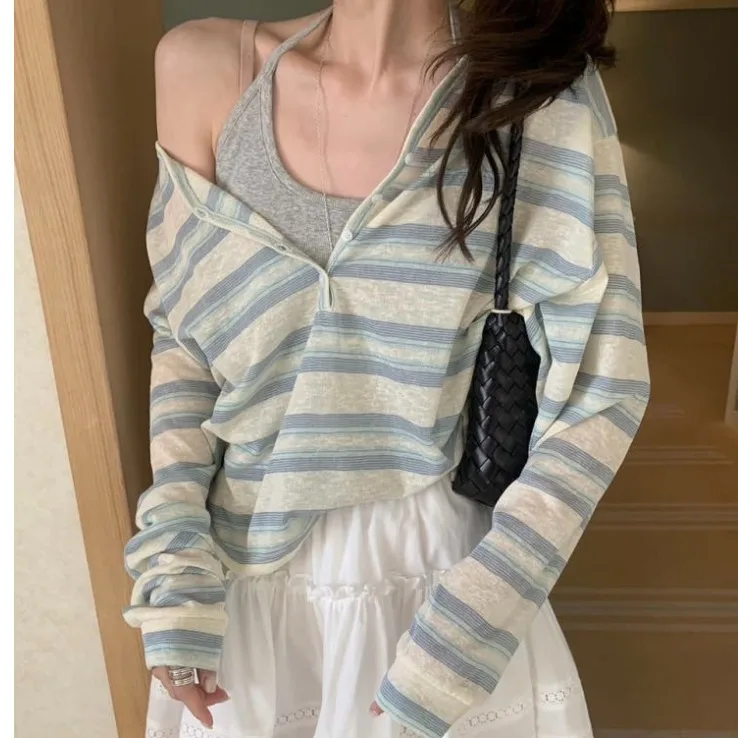 Korean Style Versatile Stripe Casual Loose Lazy Thin Sun Protection Cover up T-Shirt Women's Breathable Long Sleeve Shirt