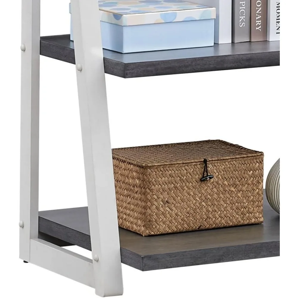 رف كتب على شكل سلم مع إطار من الخشب المطاطي - رف تخزين من 5 طبقات للمنزل والمكتب وغرفة المعيشة والمطبخ واستخدام غرفة النوم