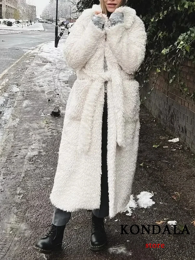 

KONDALA Chic Solid White Woolen Long Cashmere Coat Fashion 2023 Autumn Long Sleeve Turn-down Outwear Belt Slim Winter Blends