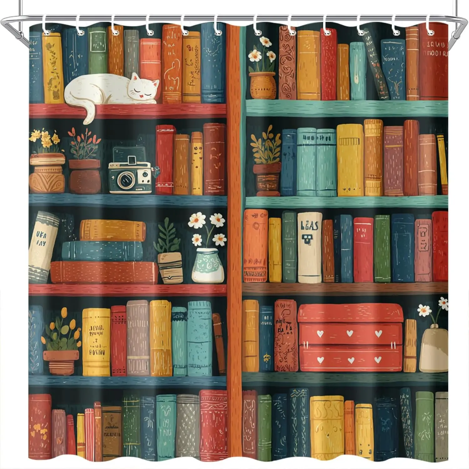 Colorful Bookshelf Shower Curtain with Hooks Vintage Library Cat Camera and Plants Design Fabric Bathroom Decor for Book Lovers