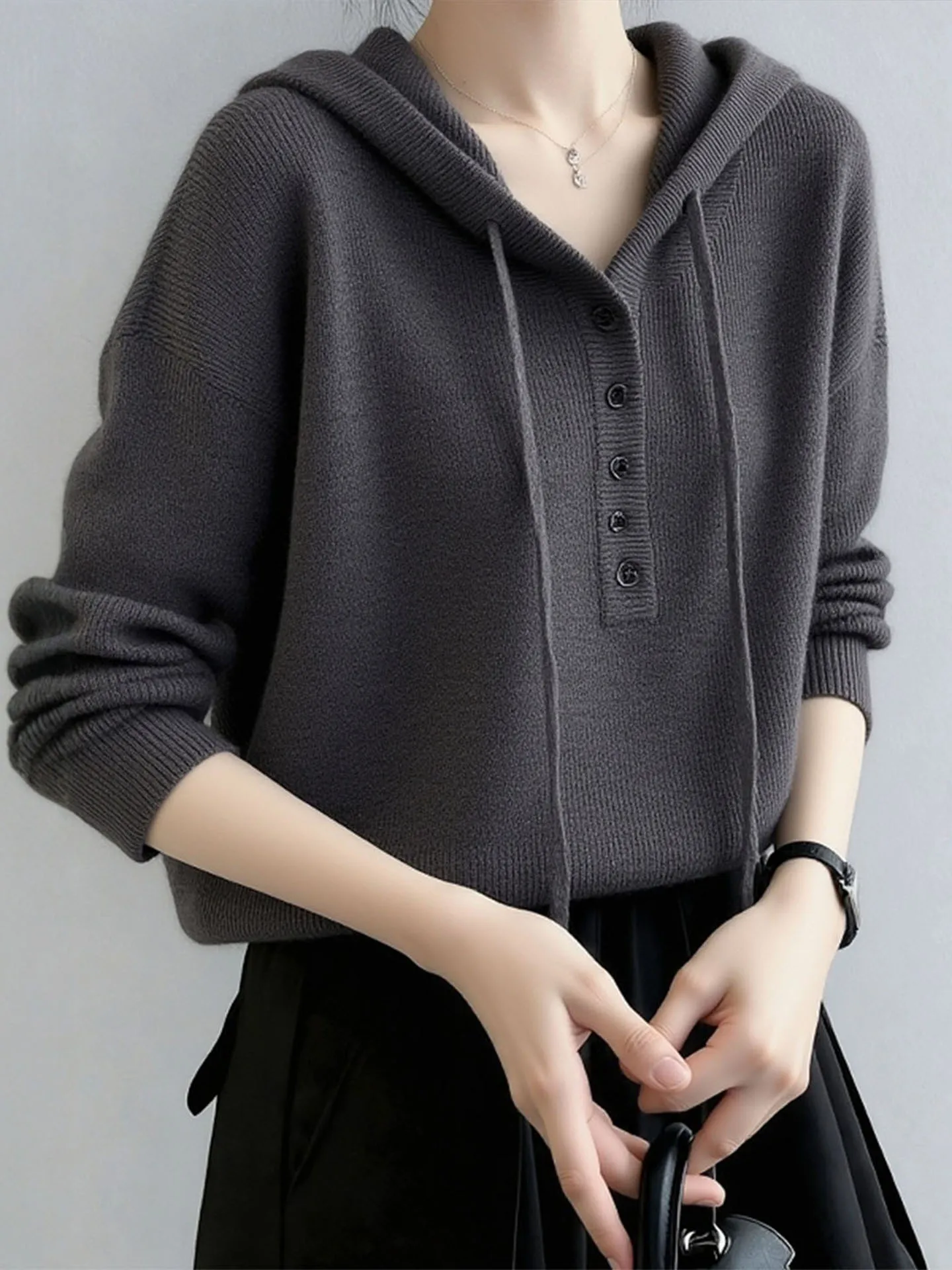 

Simple Hooded Button Design Knitted Sweater Loose Versatile Thi Long Sve Winter Commute Top Women's Faion Winter 2025