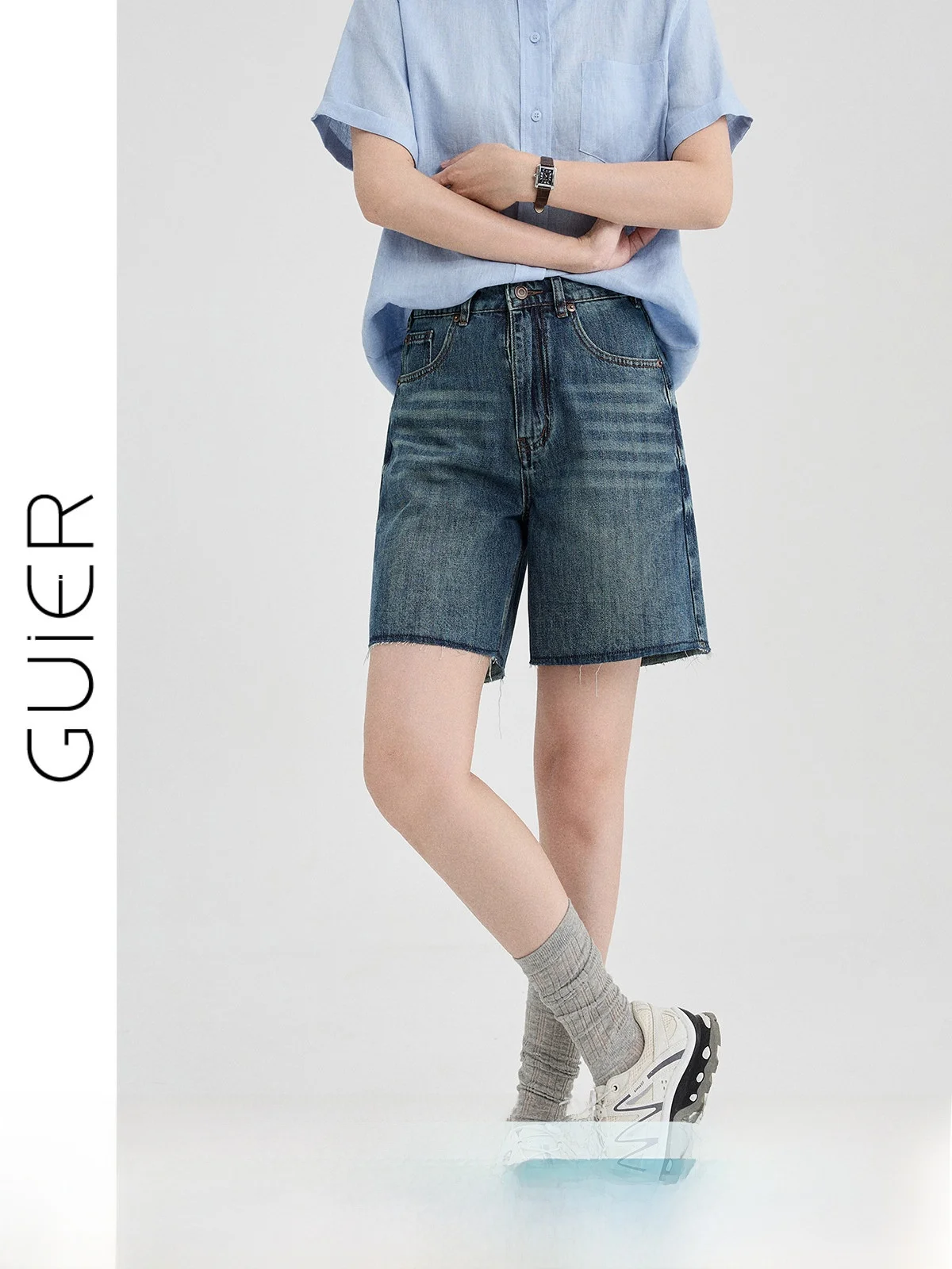 

High Waist Straight Leg Jeans Women's Loose Fit Summer Vintage Slimming Wide Leg Shorts by Guier Pure Color Zipper Closure
