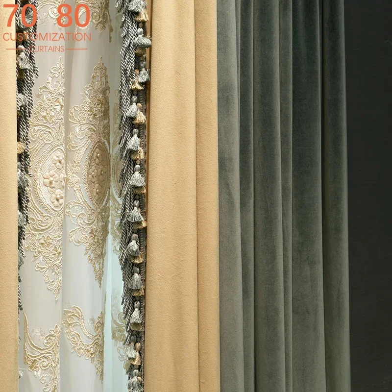 

Vintage American Dark Green Velvet Splicing Thickened Blackout Curtains for Living Room Bedroom French Window Custom Screen