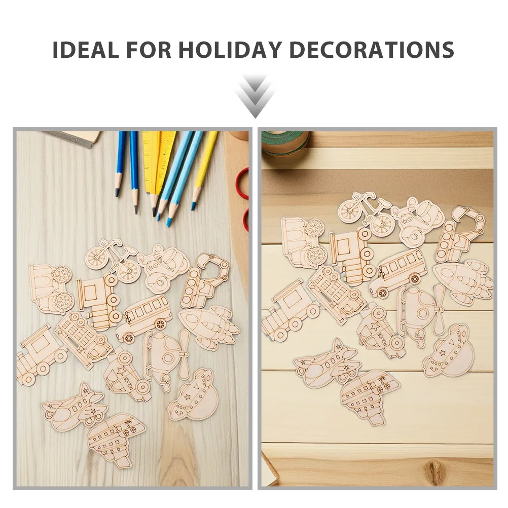 100Pcs Unpainted Wooden Vehicle Cutouts Smooth Surface DIY Arts Crafts Kids Decoration Train Bicycle Airplane Rocket Ship