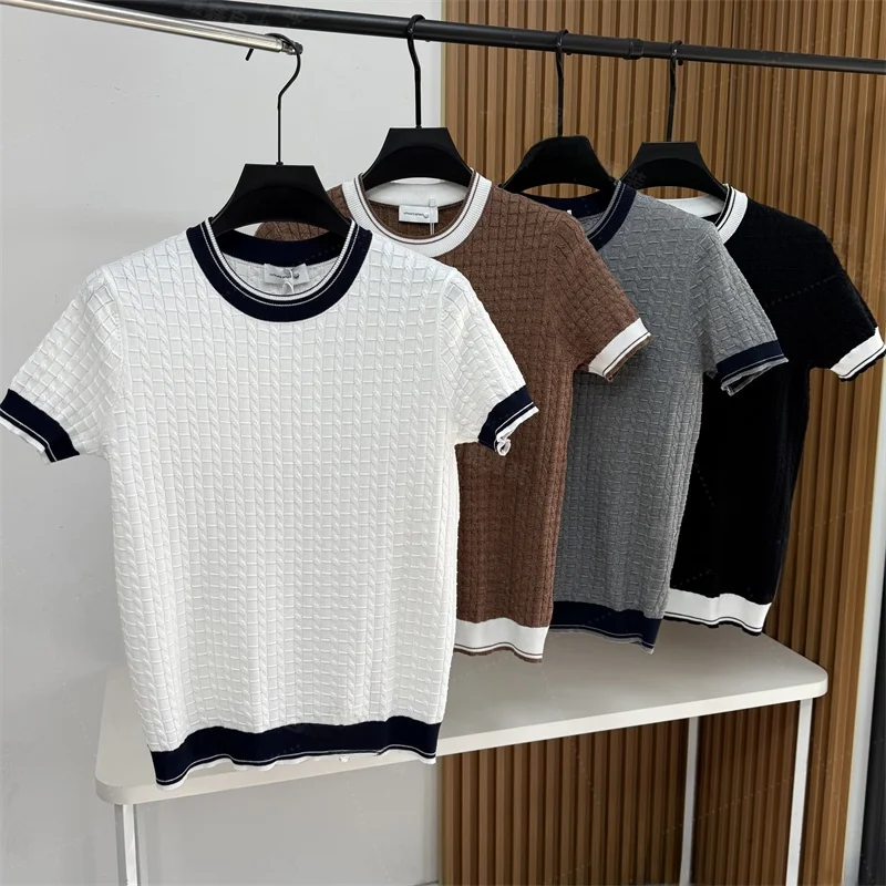 

Loose Fit Men's ort Sve Knitted T-irt round Ne Splice Color Slimming Base Layer Cotton Polyester Spring Season