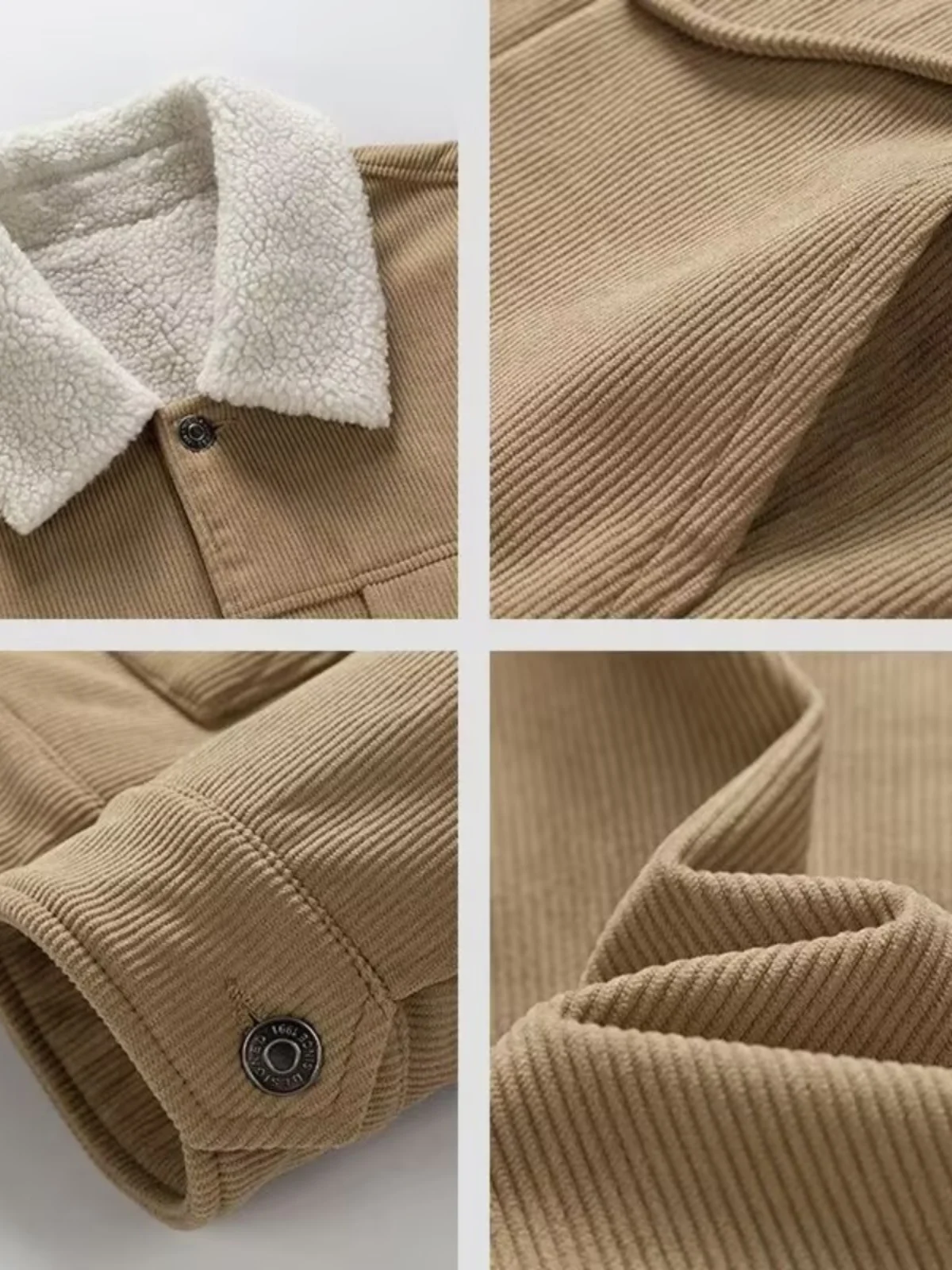 سترة عمل رجالية أنيقة مبطنة بالصوف السميك بتصميم عتيق من قماش الحمل المخملي، معطف شتوي قطني شبابي شعبي بأكمام طويلة وقصة قياسية