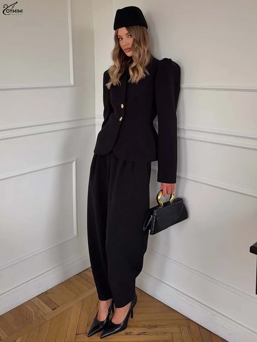 

Oymimi Elegant Black Two Piece Outfits Woman Fashion O-Neck Long Sleeve Button Shirts And Simple Straight Full Length Pants Sets