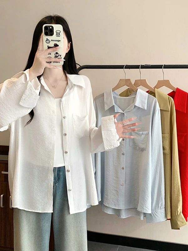 

Удобная повседневная свободная рубашка больших размеров, летний топ с защитой от ультрафиолета для женщин больших размеров, дышащая, с длинными рукавами, отложным воротником, цветная