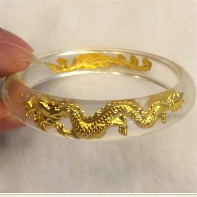 Hot Selling / Hand-carved Crystal Inlaid Gold Dragon and Phoenix Bangle60-62mm Fashion Jewelry Bracelet MenWomen LuckGifts