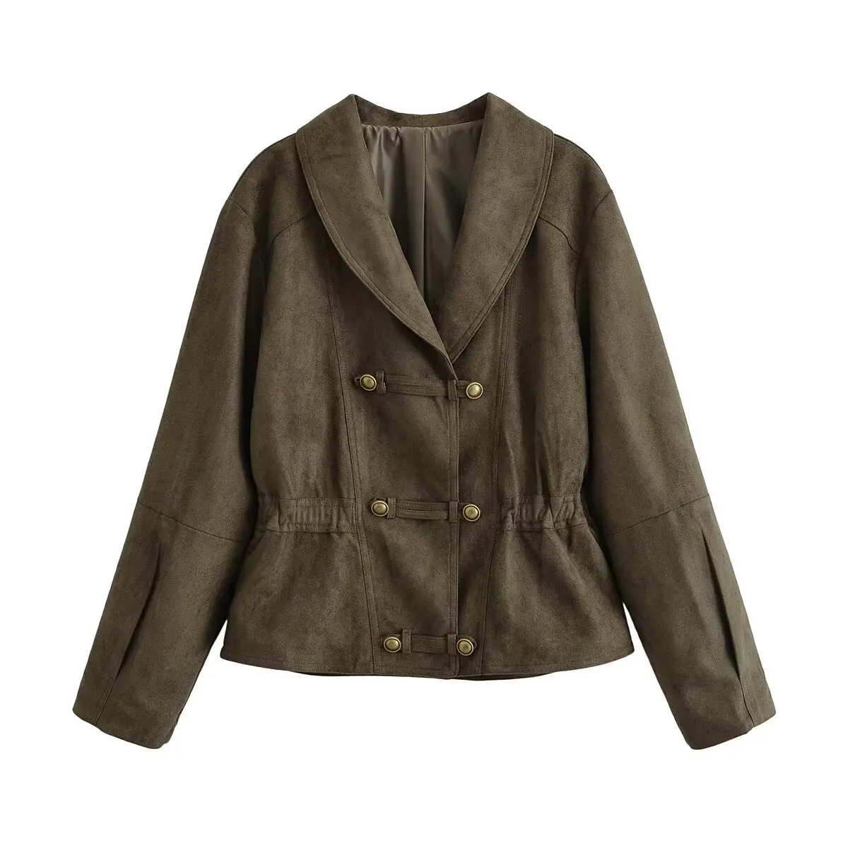 Womens Elegant Brand Suede Leather Jacket Double Breasted Metal Button Stand Collar Short Bomber Coat Casual Autumn Work Wear