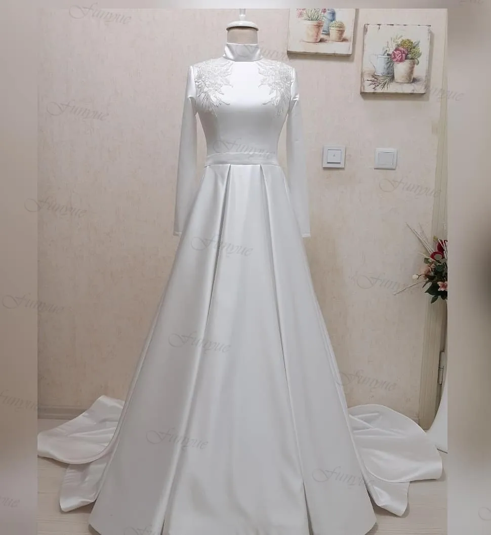 Vestido de casamento muçulmano manga longa, Cetim brilhante, Apliques A-line, Vestidos De Noiva Elegante Vestido De Noiva