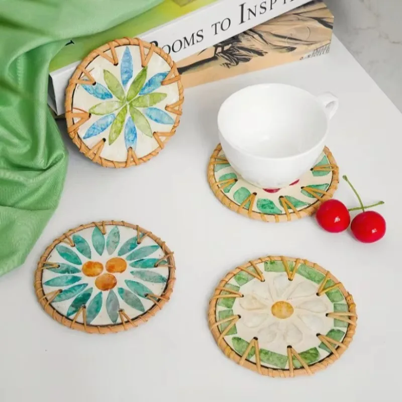 

6pcs Handmade Resin Coasters Set Heat-Resistant Table Protectors with Shell Mosaic Leaf/Round Patterns Boho Coaster Party Decor
