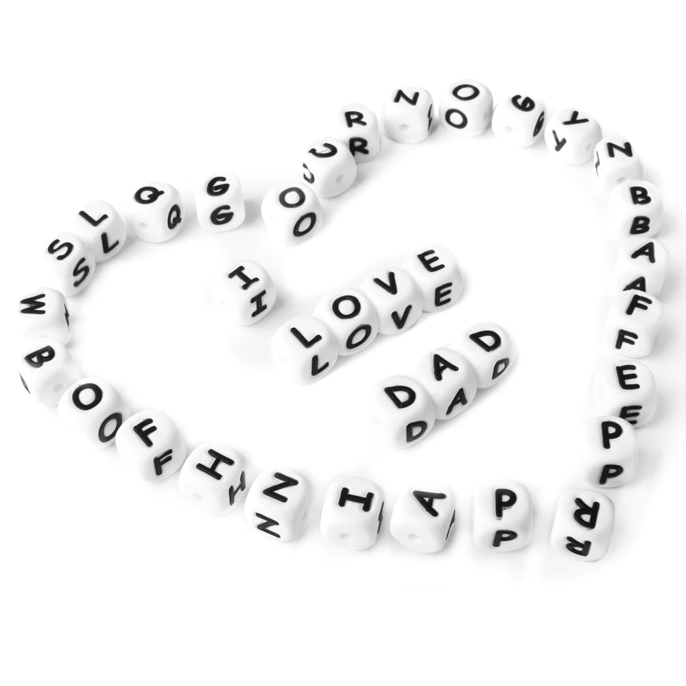 100pcs 12mm Letters Silicone Beads Pacifier Clips Alphabet DIY Personalized Name Chain Jewelry Accessories Making Food Grade