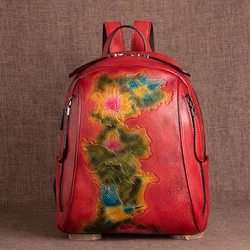 Vintage Genuine Leather Backpack Women Original First Layer Cowhide Travel Bags Handmade 3D Floral Real Cow Leather Shoulder Bag