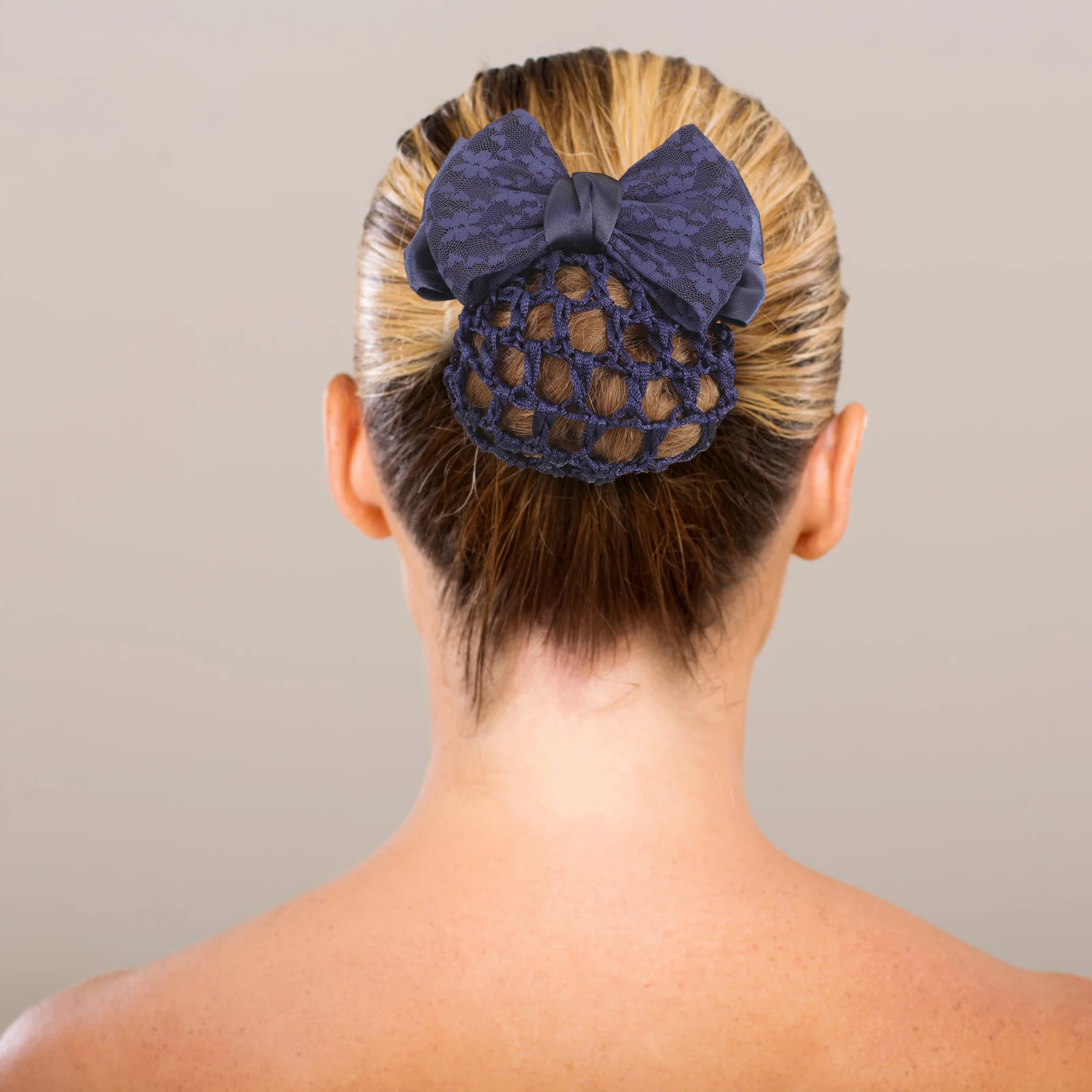 

2pcs Women Snood Bow Headdress Elastic Bun Net Professional Office Lady Head Elastic Hair Clips Flower Dark Blue