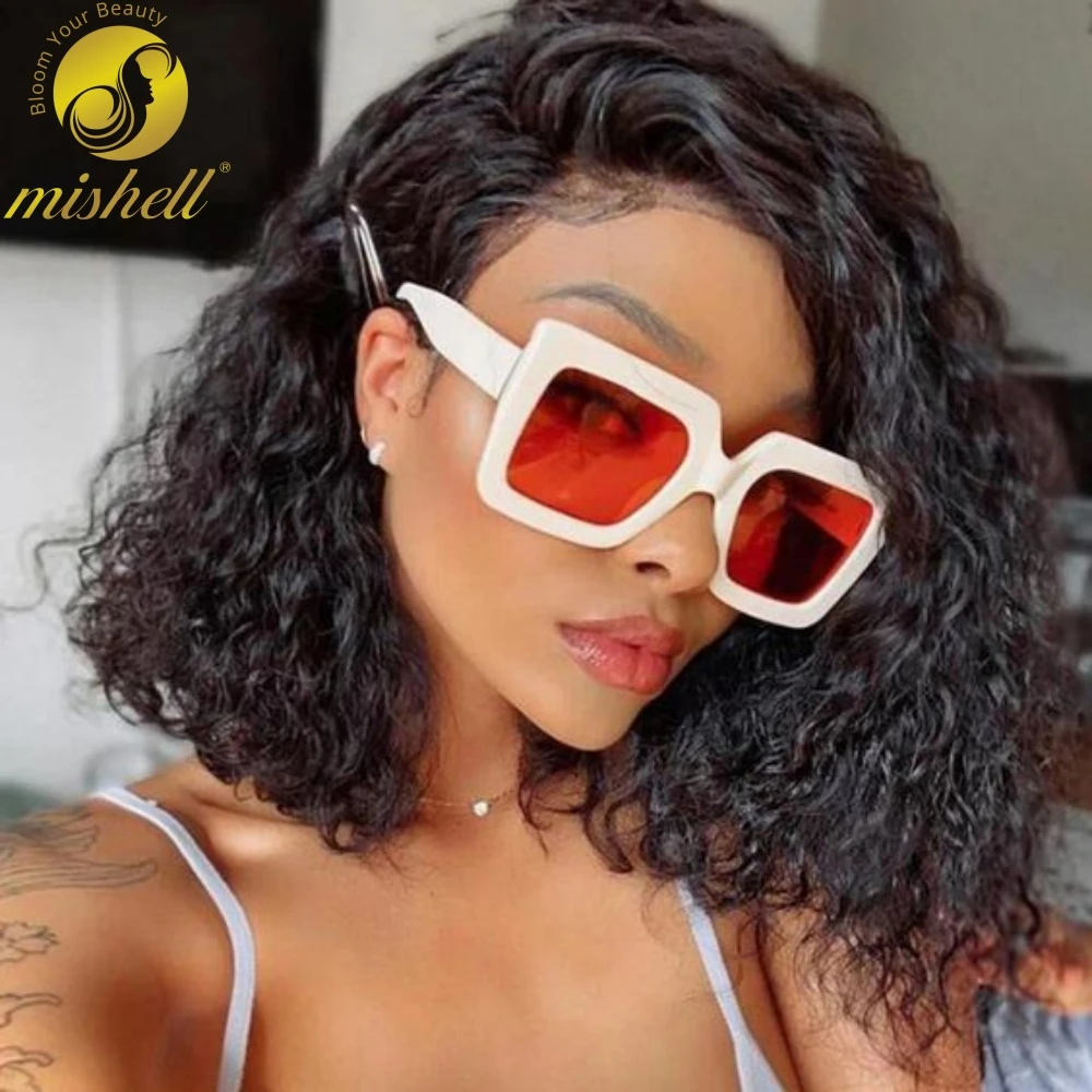 

16 Inch 200% Density Transparent 13x4 Lace Frontal Wigs Brazilian Remy Human Hair Wigs Natural Water Wave Short Curly Bob Wigs