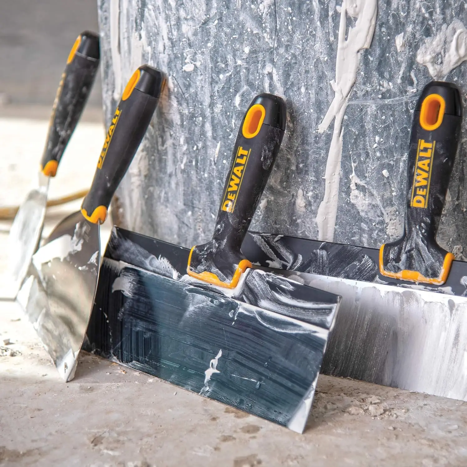 DEWALT Blue Steel Taping Knife 4-Pack | 8/10/12/14-Inches + Free Bonus 6" Soft Grip Putty Knife | Soft Grip Handles| DXTT-3-162