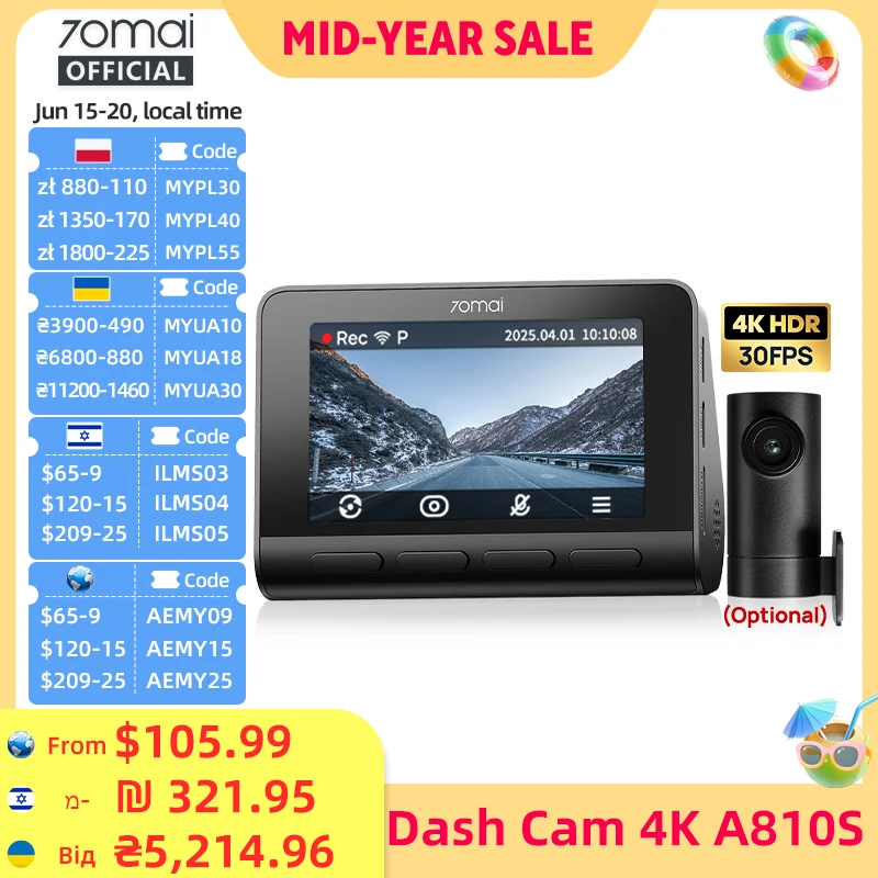 Kamera samochodowa 70mai Dash Cam 4K A810S HDR IMX678 Supercapacitor 4G LTE Zdalne sterowanie Wi-Fi 6 Sterowanie głosowe GPS ADAS Kamera samochodowa 70mai A810S