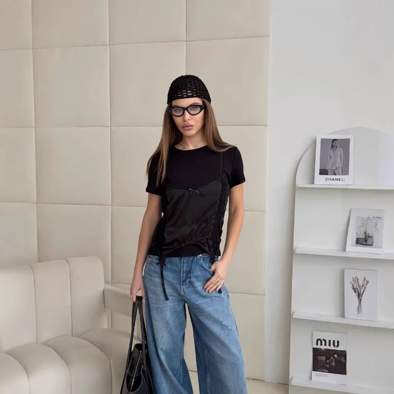 Round Collar Solid Lace Patchwork T-shirt Women Slim Short-sleeved Fitting Cropped Top 2026 Summer Lady Casual Chic Shirts New