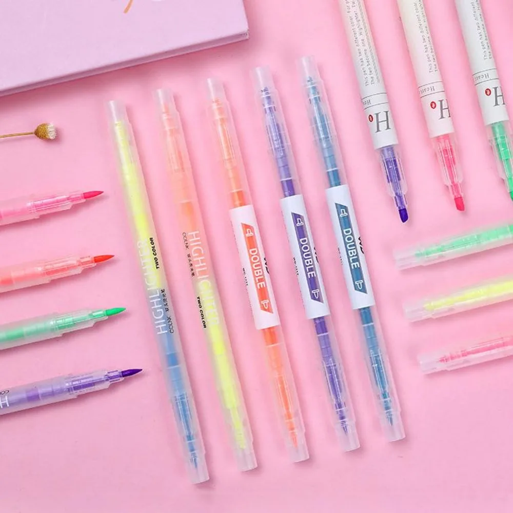 双頭 2 色蛍光マーカー ペン – 6 色の鮮やかな色、速乾性、汚れ防止、学校、アート文具用