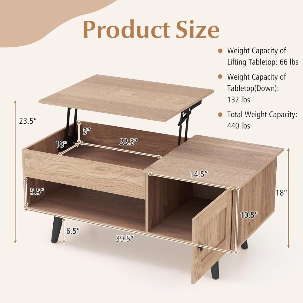 Lift Top Coffee Table with Storage, Living Room Table with Hidden Compartment, Cabinet & Open Shelf, Flip Top Center Table
