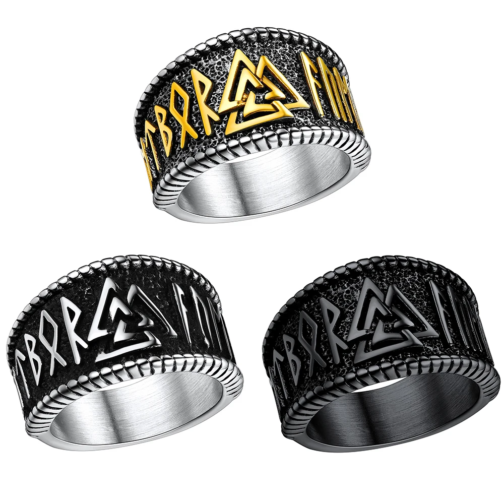 ChainsPro Norse Viking Rings Stainless Steel 14mm wide Vintage Style Nordic Valknut Rune Finger Ring Jewelry for Men Women CP774