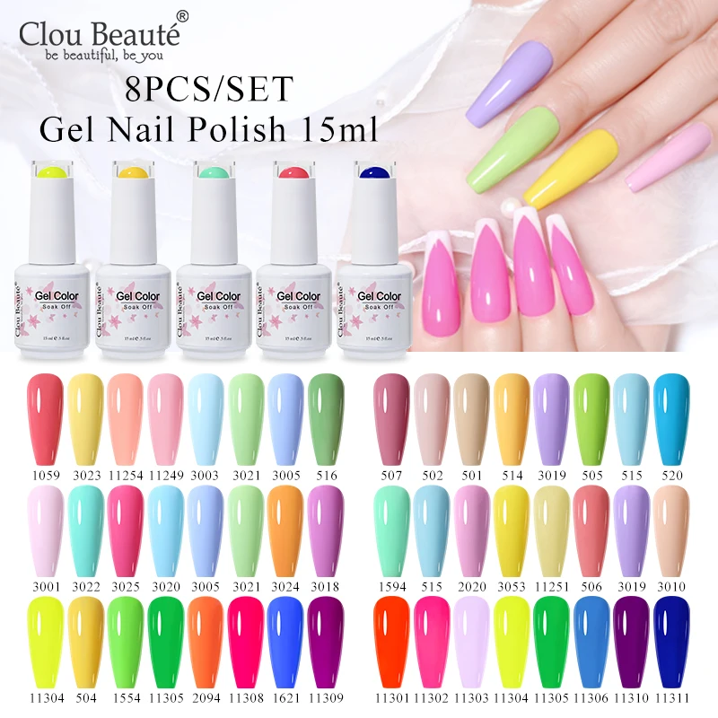 

Clou Beaute 8/10pcs 15ml UV Nail Gel Colors Polish Set Summer Pretty Sugar Pink Red Neon Professional Nail Art Manicure Kit Gift