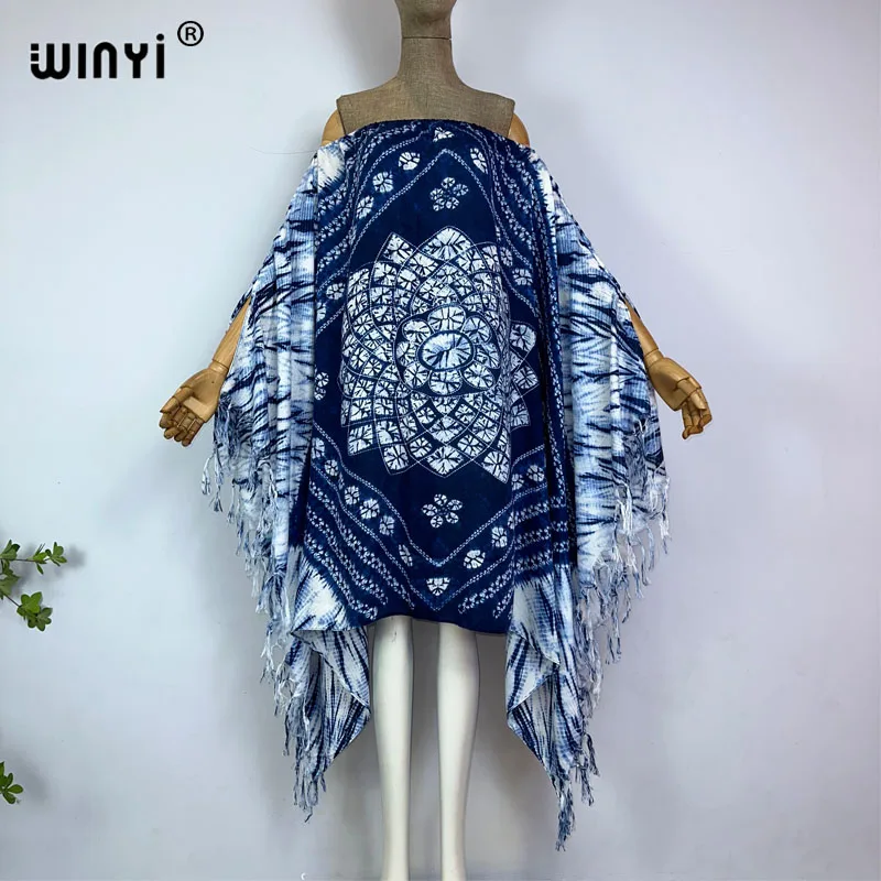 

WINYI Women Sexy one Neck maxi Dresses Summer Boho Batwing Sleeve Tie-dyed printed fringed dress Female kaftan Beach cover-ups