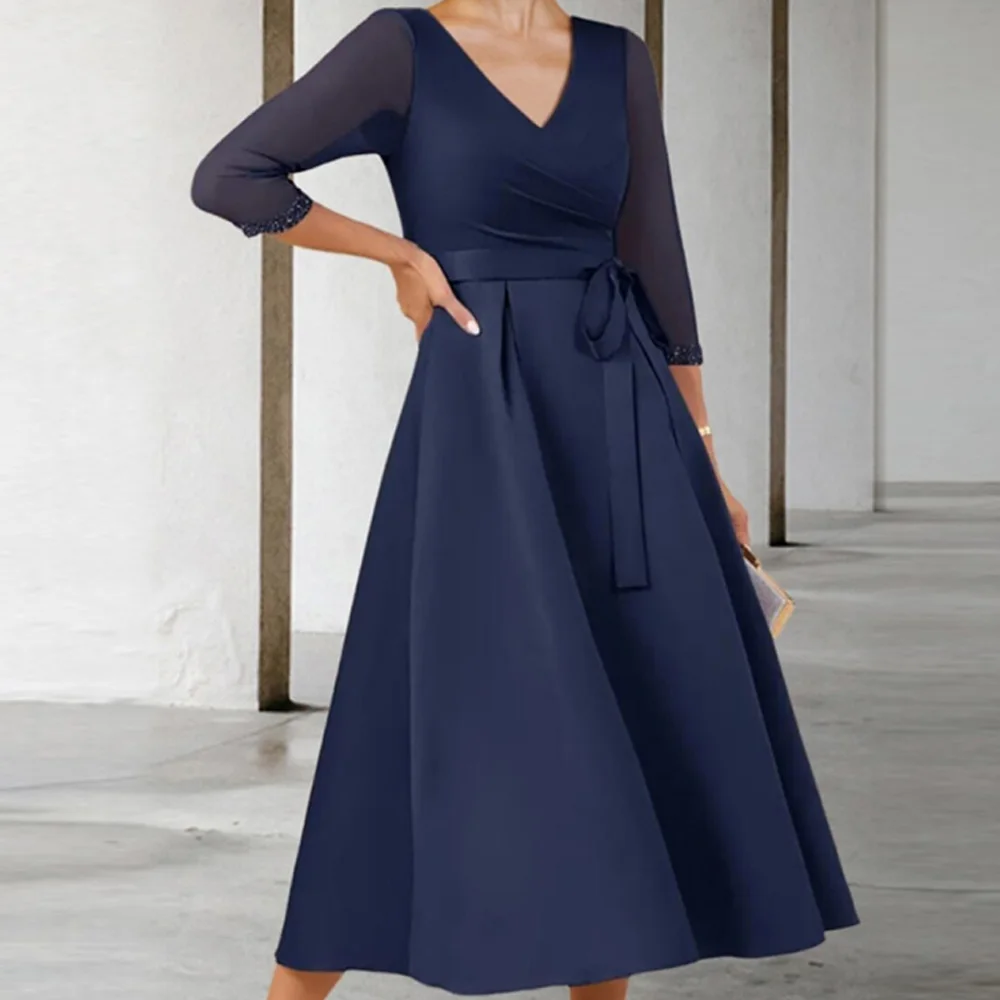 Dark Navy madre della sposa abiti 2023 a-line scollo a v abiti da sposa per gli ospiti cristalli fiocco increspato vestito da donna per la festa di nozze