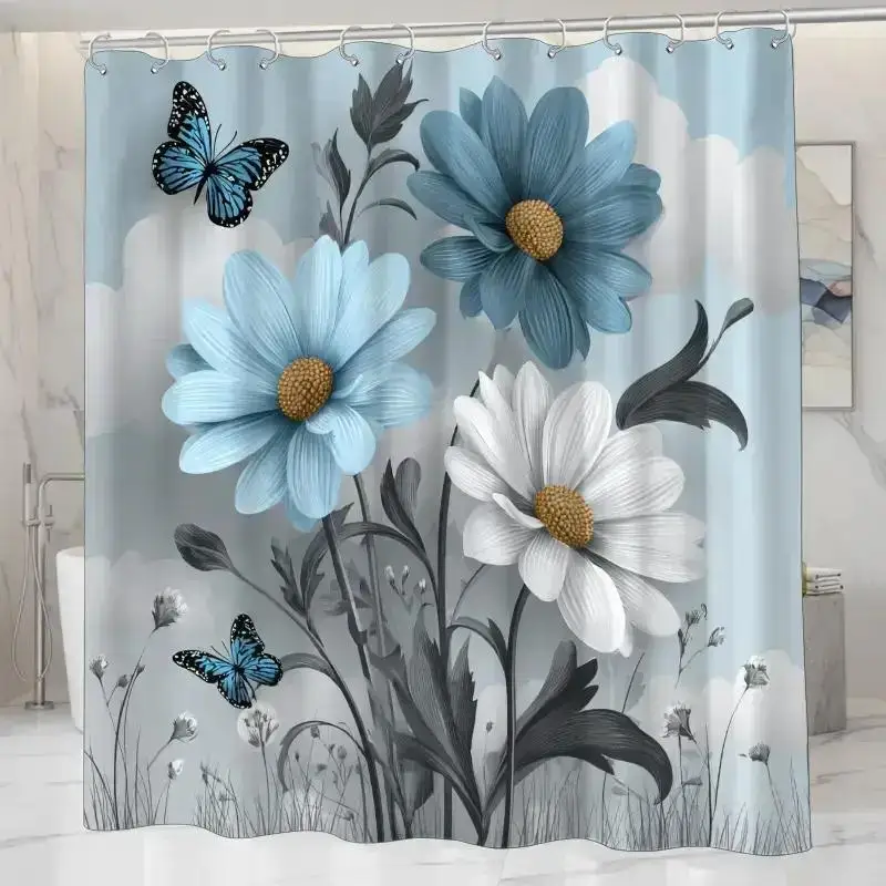 

Blue Daisy Shower Curtain Butterflies Floral Design Sky Background Waterproof Fabric Elegant Bathroom Decor Nature Inspired