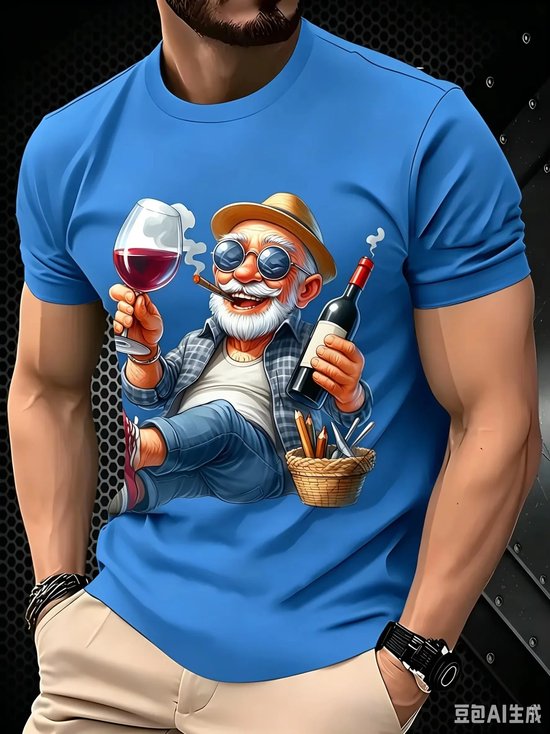 Fashion New Men's Wine Lover Old Man Print T-shirt casual Crew Neck Short Sleeve Funny Casual Streetwear Tops