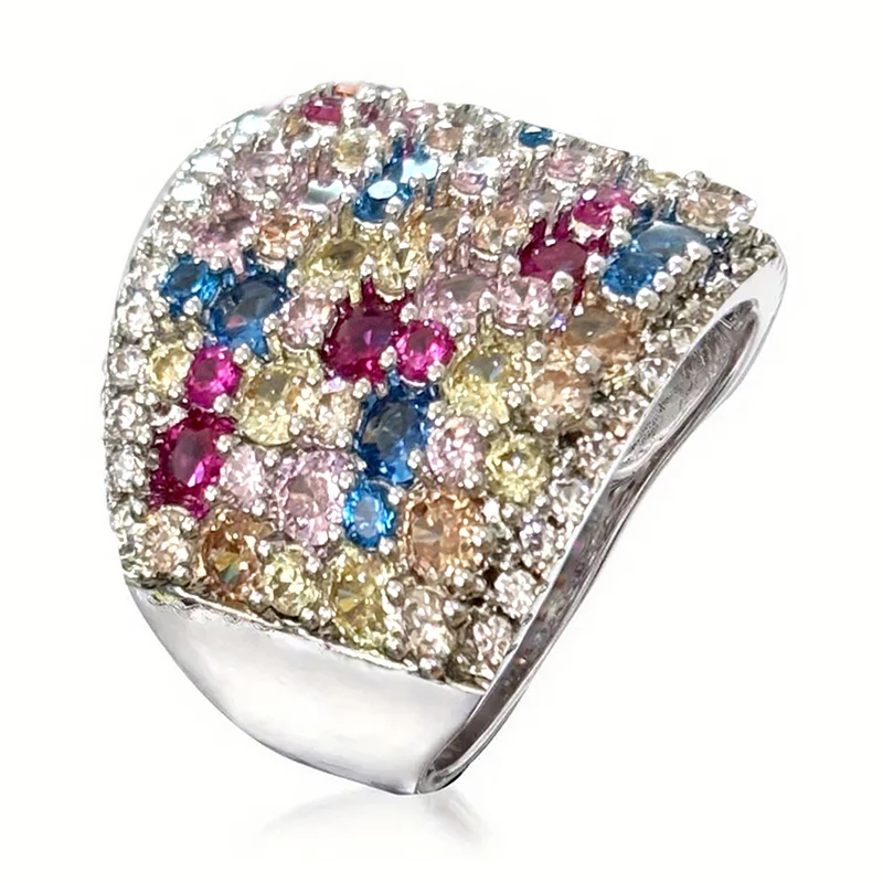Huitan Bright Multiple Colored Cubic Zirconia Wide Ring for Women Delicate Gorgeous Finger Accessories for Anniversary Party