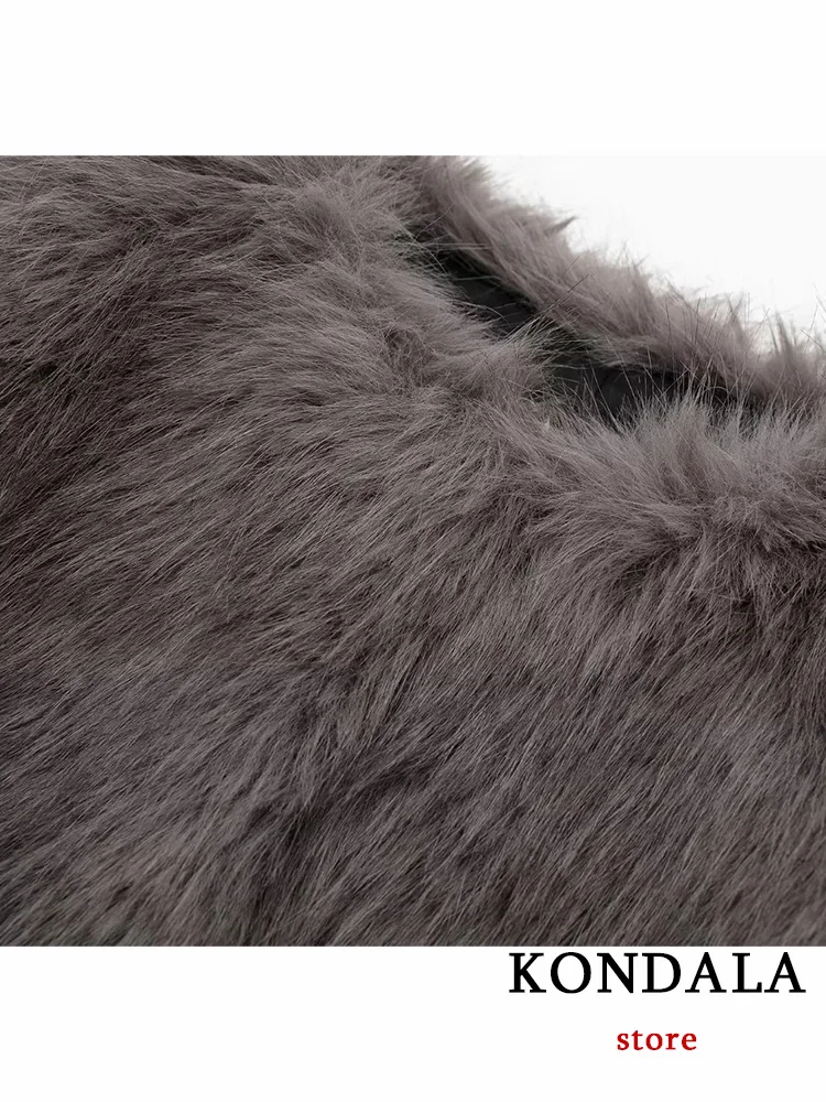 KONDALA Vintage Chic Women Faux Fur Jackets Grey Solid O-Neck Thick Warm Loose Coats Fashion 2023 Autumn Winter Elegant Outwears