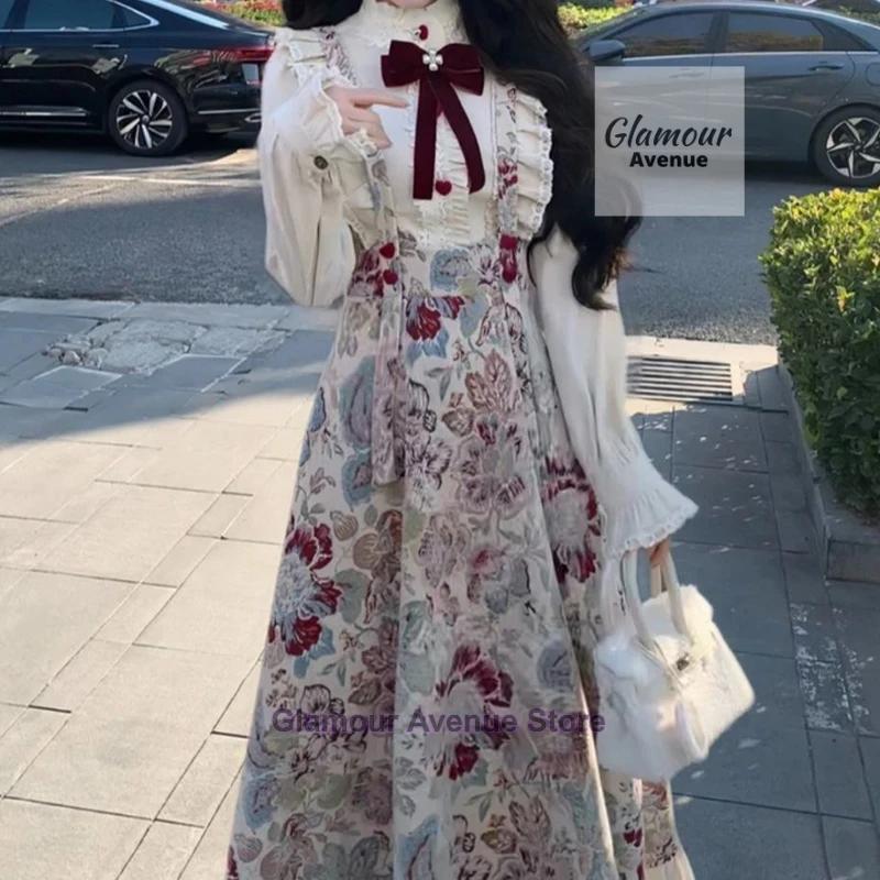 French retro gentle ruffled shirt women's spring and autumn new thickening with long-sleeved floral jacquard strap skirt suit.