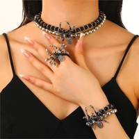 Goth Spider Double Layers Beads Choker Necklace Bracelet For Women Girls Retro Insect Rings Exaggerate Party Jewelry Accessories
