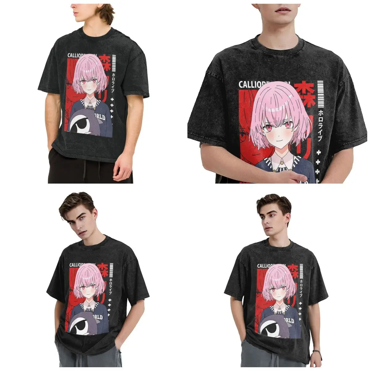 Streetwear T-Shirts Short Hair Calliope Mori Washed T Shirt Short Sleeve Hip Hop T-Shirt Tops Tees for Men Women