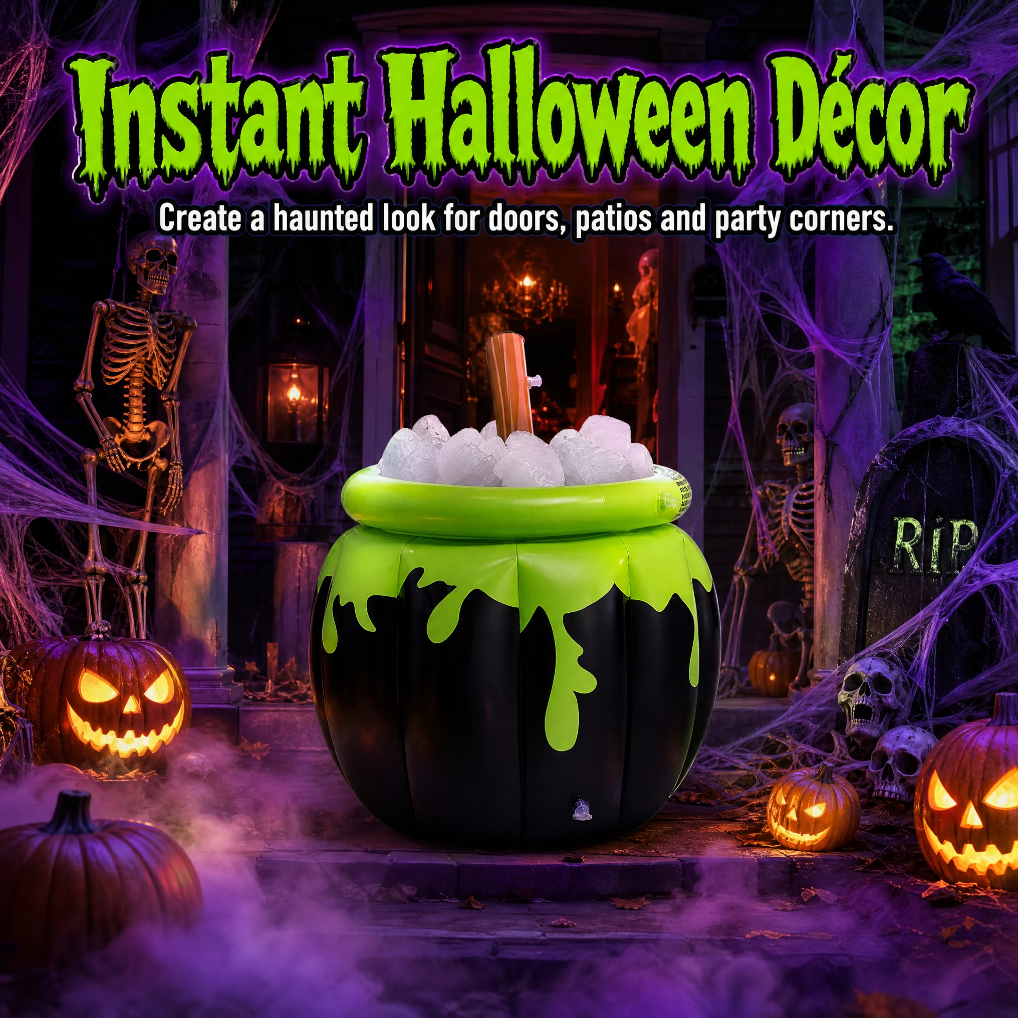 Halloween Inflatable Witch Cauldron Ice Bucket, PVC Large‑Capacity Drink Cooler, Foldable Beverage Tub for Halloween Party Bar Haunted House Decor Supplies
