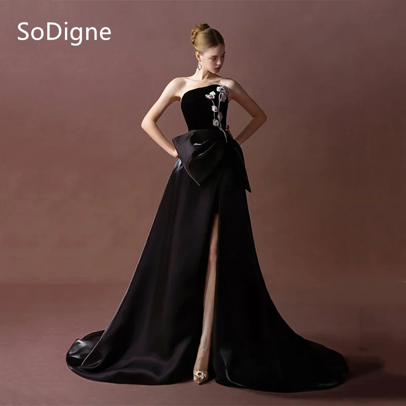 SoDigne Black Swan Satin Prom Gowns A-Line Strapless Sleeveless Prom Dresses Side Silt Flower Cocktail Party Dresses Customized