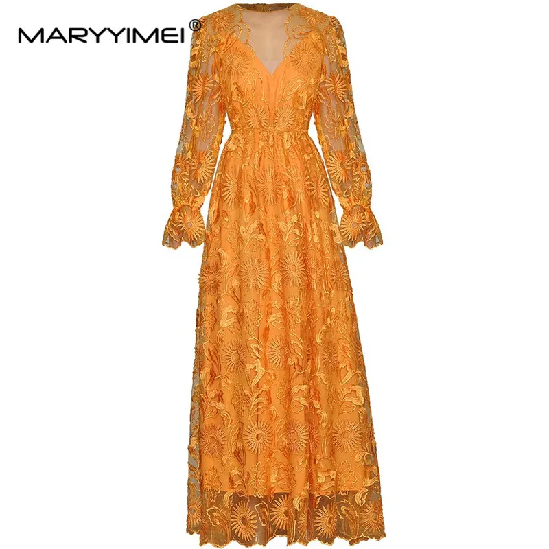 

MARYYIMEI Autumn Fashion Designer Women's dress Long sleeved Mesh embroidery Vintage Holiday Party Dresses